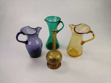 4 x Mid Century Art Glass Vases - yellow, green, purple - wide lip