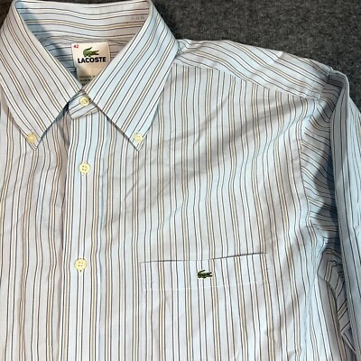 Lacoste Button Down Shirt Men Size 42 Large Blue Brown Striped