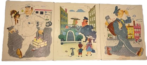 3 VTG Golden Press Cardboard Playskool Puzzles Hyland Milkman USPS FedEx Cop