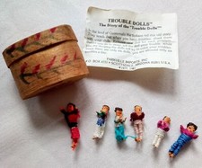 VTG GUATEMALAN WORRY DOLLS  HANDMADE BOX WOOD 2" X 1.25 TINY