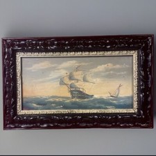 quadro dipinto a olio su tavola nave veliero mare con cornice stile antico 900 C