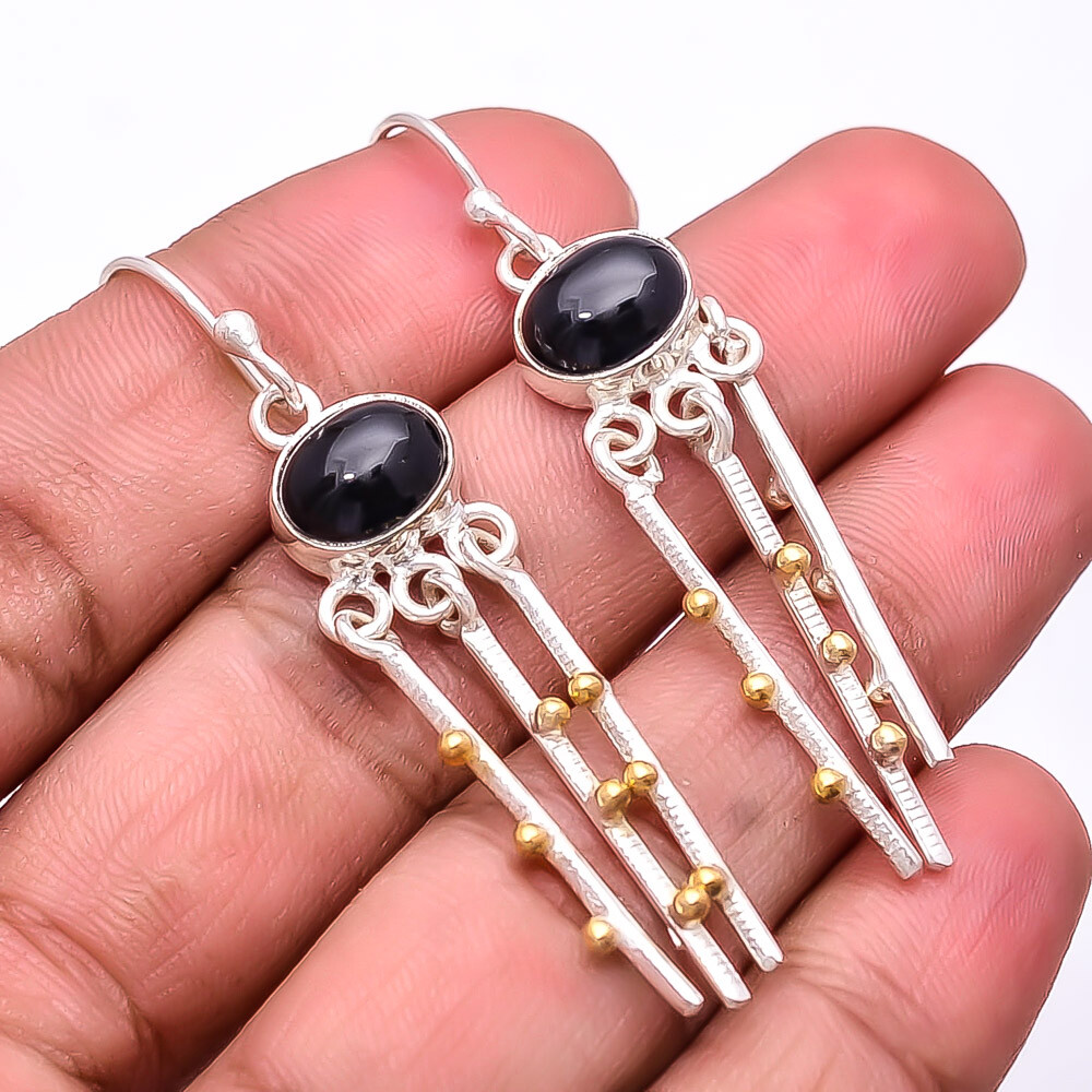Black Onyx - Brazil 925 Sterling Silver Two Tone Earring 2.15