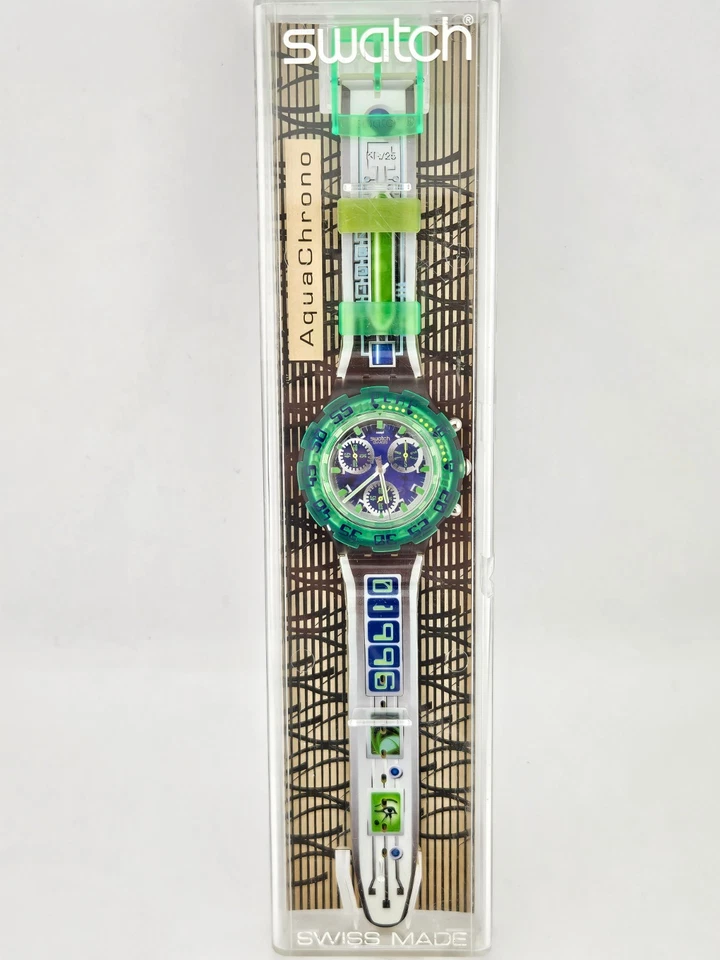 SWATCH Aqua Chrono SCN104 1996 "Control Panel" NEON Green NOS New Unworn - Immagine 2 di 4