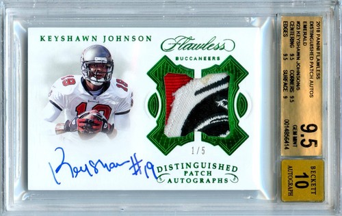 KEYSHAWN JOHNSON 2018 FLAWLESS GREEN GAME USED PATCH AUTO SP 1/5 BGS 9.5 GEM