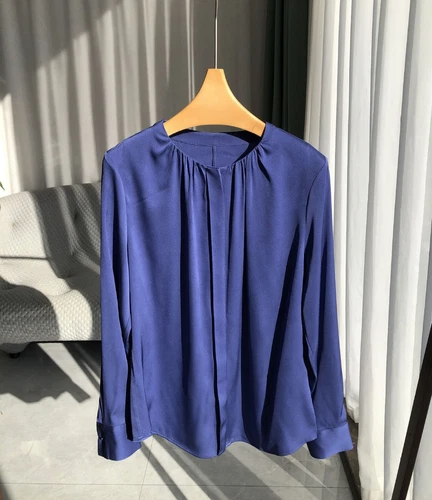 Damen Langarm 100% echte Seide Knopf Rundhals Shirt Bluse Büro Damen OL - Bild 36 von 38