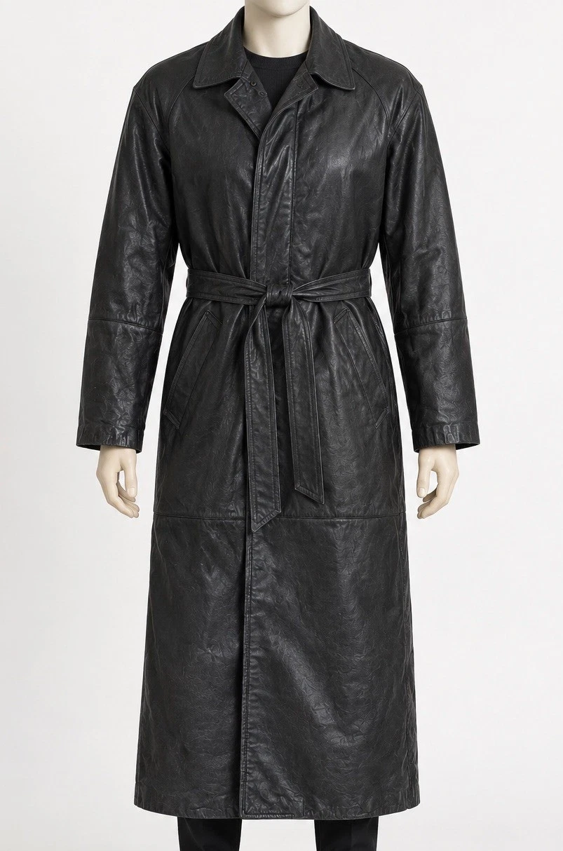 Perry Ellis Sport Men’s Vintage Full Length Genuine Leather and Fur Trench Coat - product detail image 2