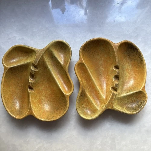 TWO Royal Haeger Ashtray/Trinket Bowls - Gold Yellow Brown Flecks, No. 2071