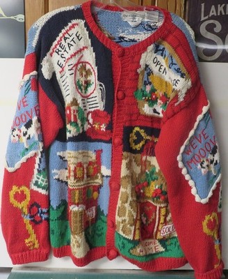 Eagle's Eye Hand Knit Cardigan Christmas Patchwork Real Estate 1994 M Sweater
