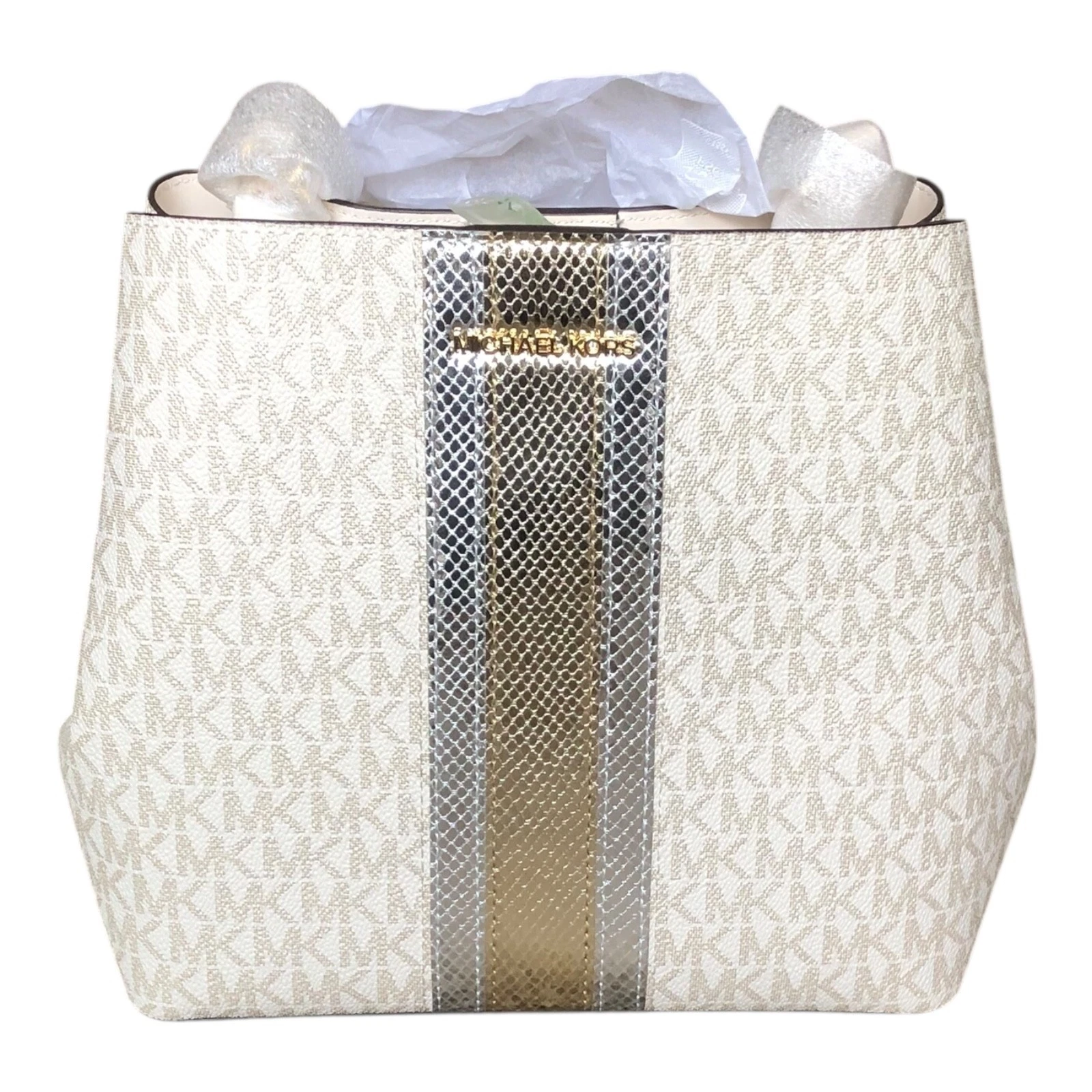 Borsa a tracolla Michael Kors Pratt Signature oro pallido media secchiello nuova con etichetta