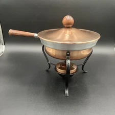 Copper MCM VTG Chafing Dish  w/Lid Stand & Sterno Warmer Buffet Wooden Knob