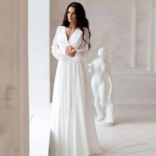 A Line Chiffon White Wedding Dress Long Sleeve V Neck Lace Up Simple Bridal Gown