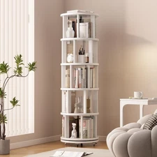 Solid Wood Rotating Bookshelf on Wheels, 5 Tier, Round Revolving Bookcase, 36...