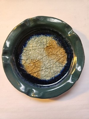 Art Pottery Cobalt Blue/Teal Glazed Trinket Dish Crackle Glass Scallop Unique