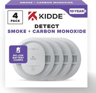 4 Pack Kidde Smoke & Carbon Monoxide Detector, 10-Year Battery Powered, LED Warn