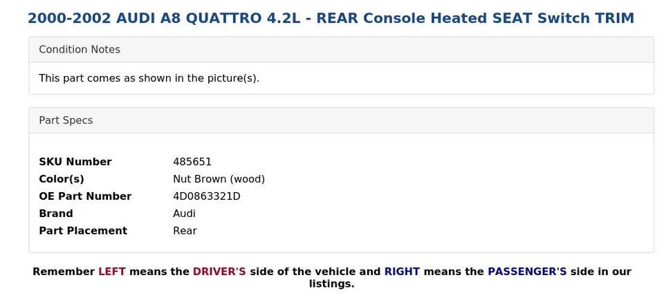 2000-2002 AUDI A8 QUATTRO 4.2L - Console traseiro interruptor de assento aquecido acabamento - Imagem 3 de 4