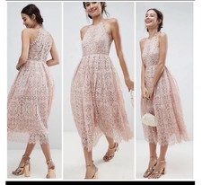 ASOS size 6 Lined Pink Crochet Lace Midi Dress Blogger Favorite Prom Date Night