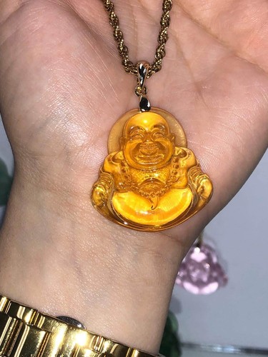 Jade Smiling Yellow Buddha Good Fortune Rope Chain Necklace 14k Gold Finish - Picture 4 of 9