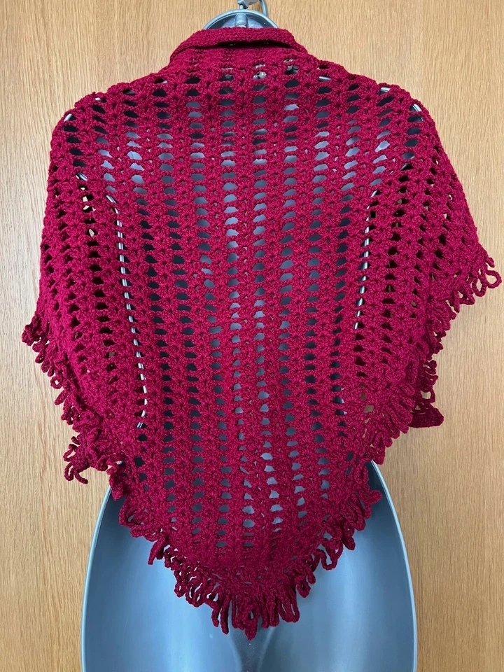Hand Knitted Chunky Crochet Triangular Luxurious Dark Red Stylish Shawl Wrap  - Image 2 of 4