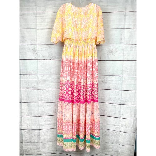 House of Harlow Yellow Pink Floral Metallic Button Front Maxi Dress Size M - Picture 5 of 12
