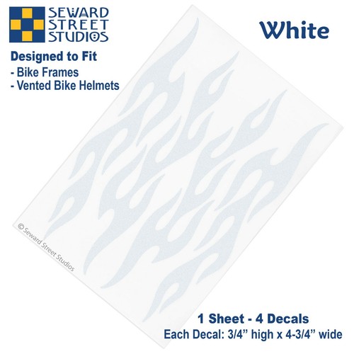 Flames Reflective Helmet Decals, 4 White Bike Frame Reflector Stickers #876R - Picture 3 of 6