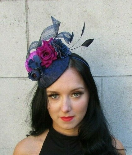 Navy Blue Fuchsia Pink Flower Feather 