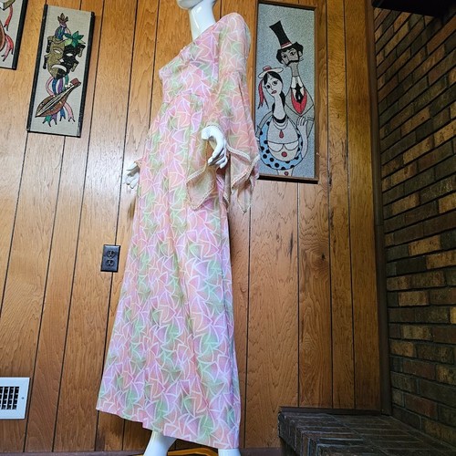 Vintage 70s Scarf Angel Sleeve Woodstock Hippie Pink Fairycore Maxi Gown Dress S - Picture 3 of 10