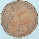 1910 Uk Great Britain British One 1 Penny Edward Vii Coin