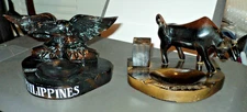 2 PHILLPPINES ASHTRAYS: Eagle & Bull: Wooden: Base 4" x 5": Cigar Cigarettes Lot