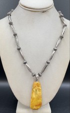 925 Silver Native American Style Vintage Necklace W/ Amber Pendant