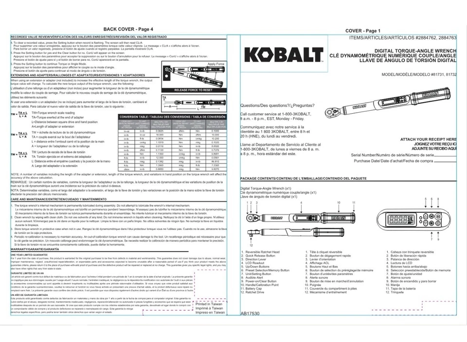NEW Kobalt 1/2"-drive digital torque wrench 12.5-250 ft-lbs, 2884763 Model 81732 - Image 4 of 4