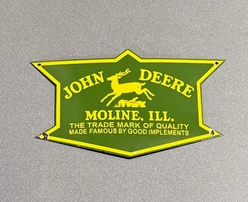 VINTAGE 15” JOHN DEERE TRACTORS PORCELAIN SIGN CAR GAS OIL TRUCK MOTORCYCLEp