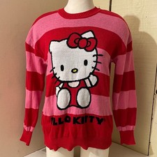 Hello Kitty by Sanrio Womens Size Medium Pink Striped Graphic Knit Crew Sweater