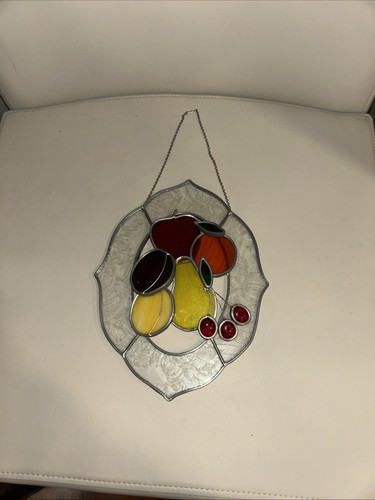 Vintage Handmade Hanging Stained Glass Suncatcher Fruit 9 1/2”x 7 1/2” Mcm