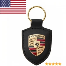 NEW GENUINE PORSCHE LEATHER CREST KEY RING FOB CHAIN BLACK WAP0500950E ⭐⭐⭐⭐⭐ ✅
