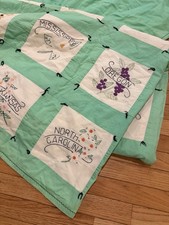 VTG Hand Embroidered 50 State Flower Patchwork Grandma Quilt 77x99 Mint Cream