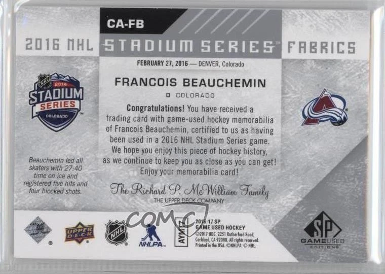 2016 SP Game Used Stadium Series Fabrics Col vs Det Francois Beauchemin #CA-FB - Image 2 of 2