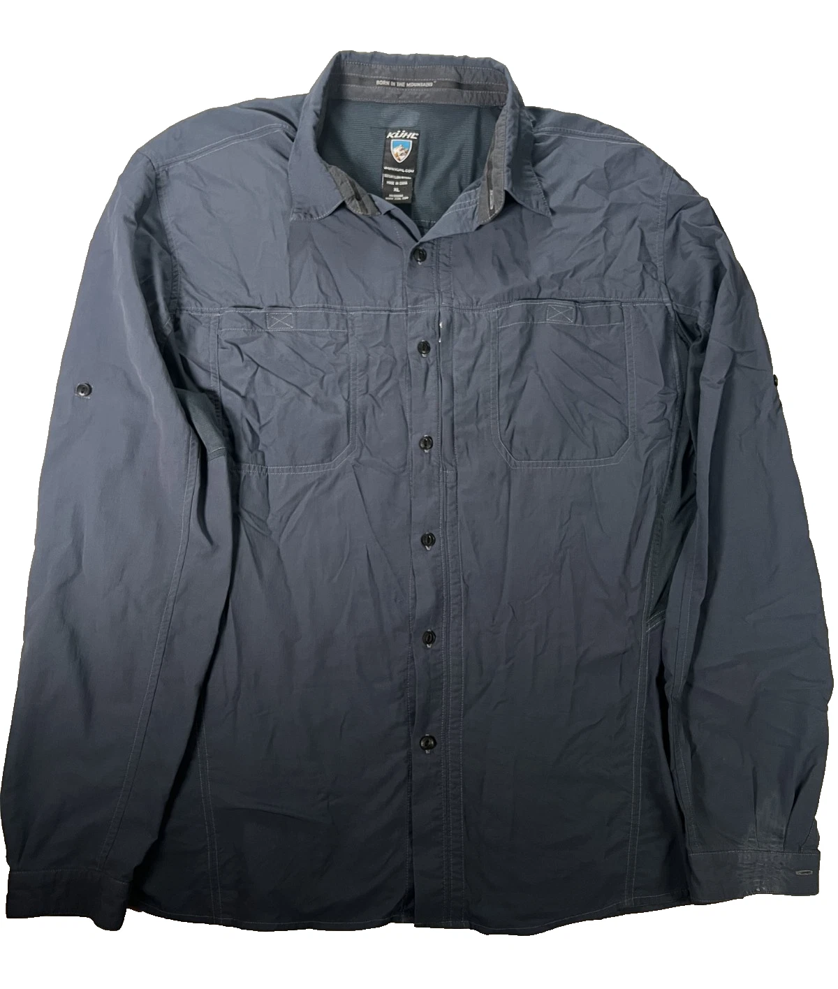 KÜHL Invoke Men's XL Blue Long Sleeve Nylon Hiking Shirt Vented Roll Tab UPF 50