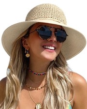 Womens Summer Straw Beach Sun Hat Wide Brim Handmade Crochet Hats Beige Medium