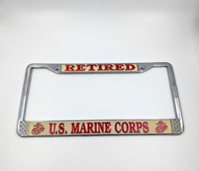 Vintage License Plate Metal Frame Retired US Marine Corps Red and White
