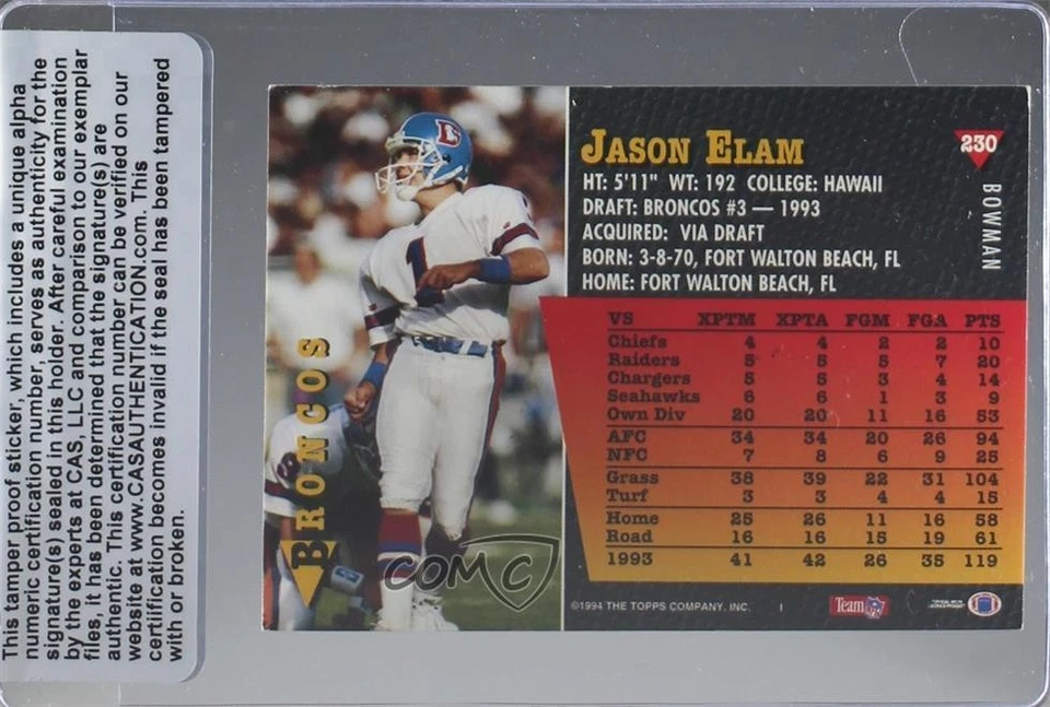 CAS Certified 1994 Bowman Jason Elam #230 Sealed Auto - Image 2 of 2