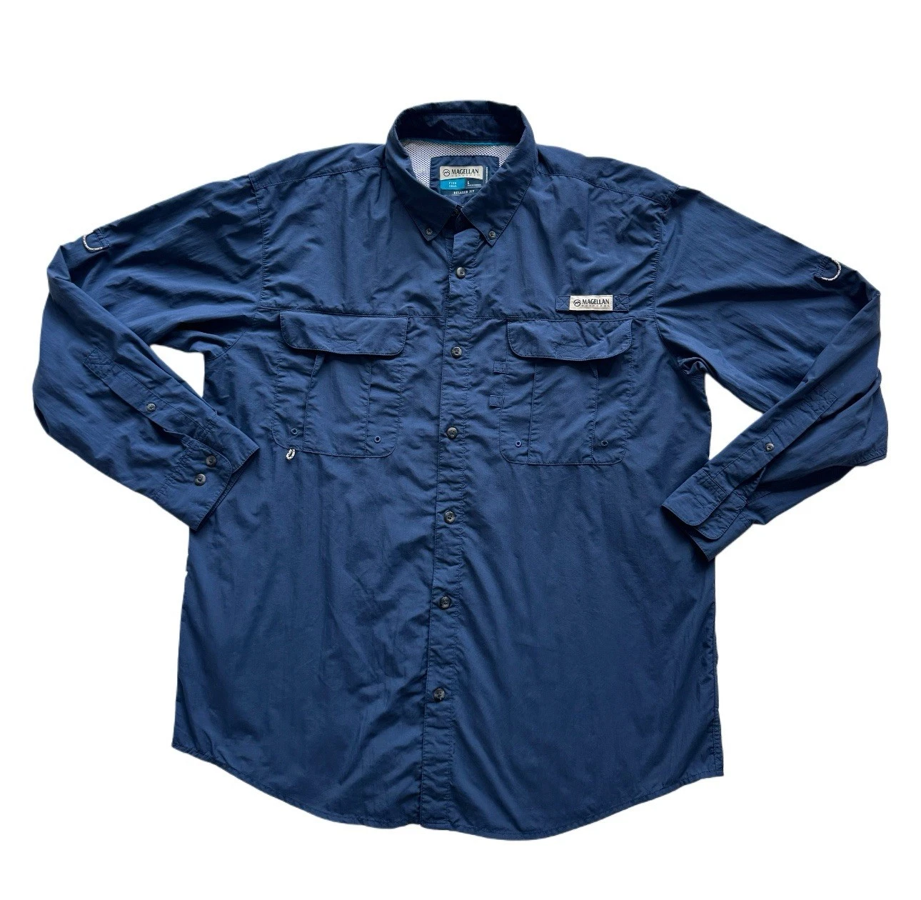 Magellan Mens L Button L/S Shirt Mag Cool Vented Mesh Fish Gear Angler Fit Blue