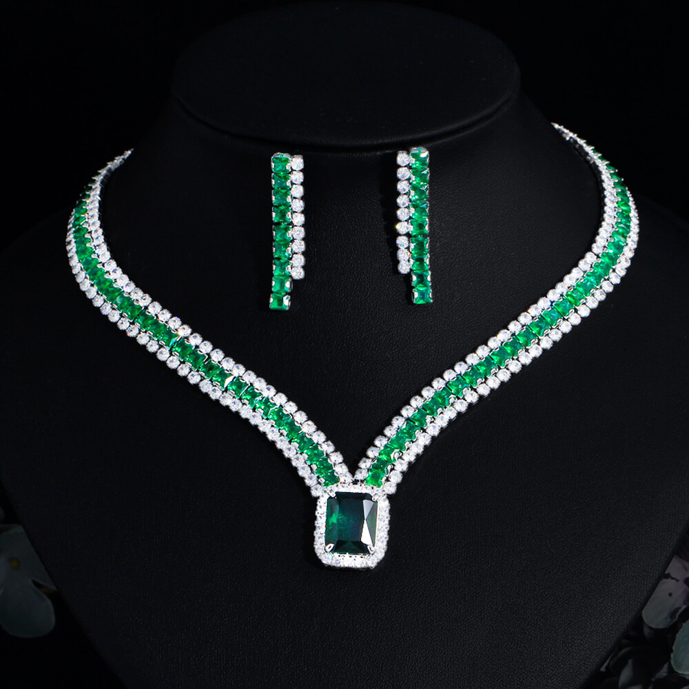 Green Tennis Dangle Drop Wedding Necklace Earrings Silver Plated CZ Jewelry Set