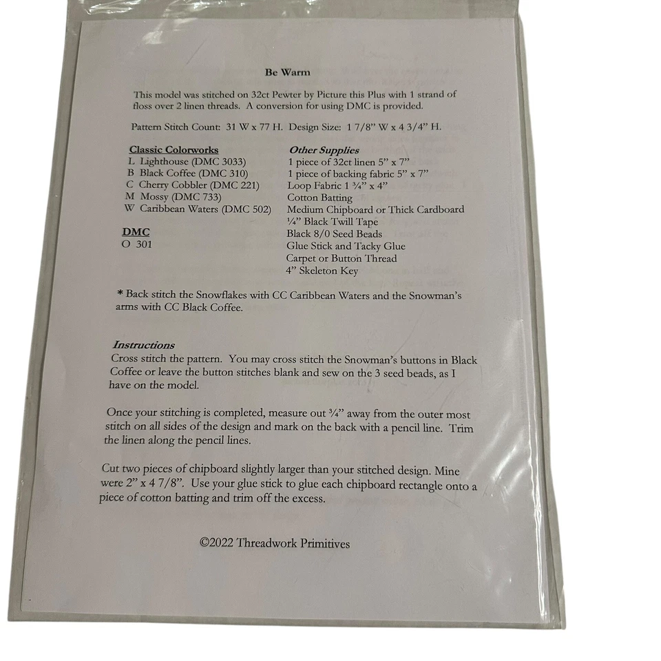 Threadwork Primitives "Be Warm" Snowman Cross Stitch Pattern By Nan Lewis - Image 2 of 2