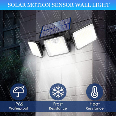 3 Head Outdoor Solar PIR Motion Sensor Wall Flood Light Security Lamp Waterproof