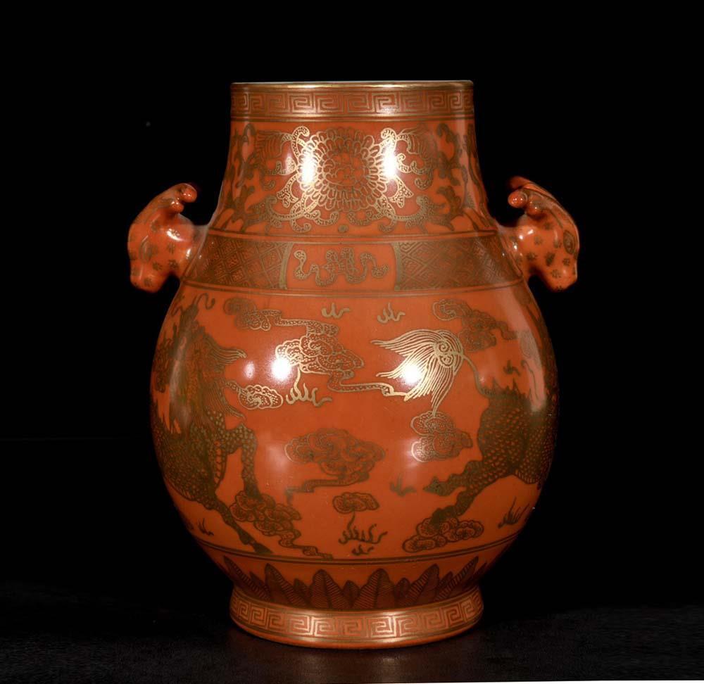 meiling ou✨ Qianlong Signed Old Chinese Iron Red Gilding Vase W/kylin