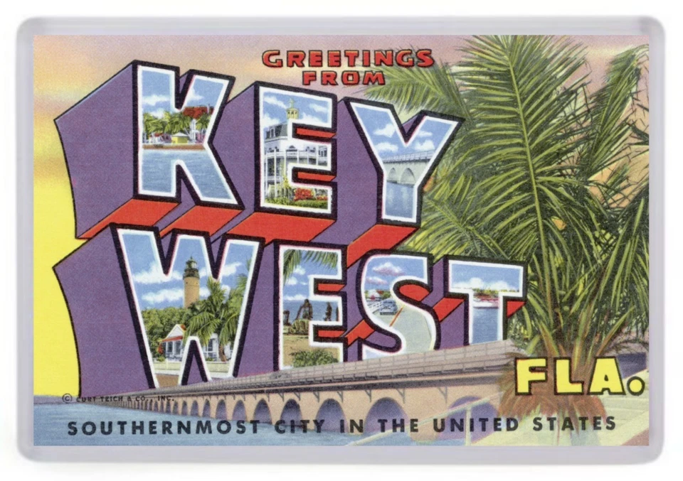 Greetings From Key West Florida Fridge Magnet. Retro Travel Postcard. USA