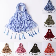 Women Chiffon Hijab Scarves Tassel Long Shawl Wrap Solid Color Headscarf Muslim