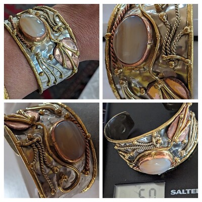 Deutsch Silber Kupfer Messing offen Manschette Armband verziert Achat 50-52g erweiterbar Fab
