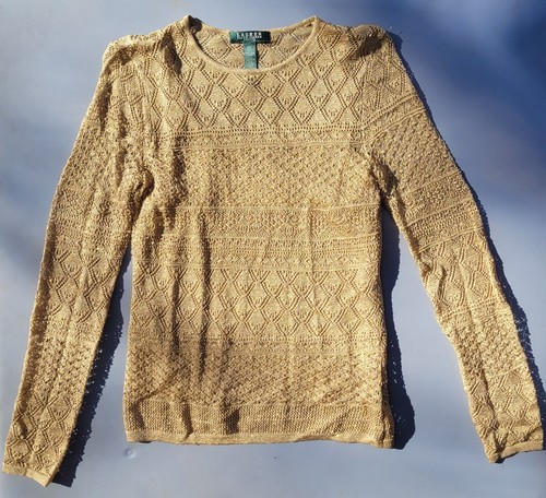 Ralph Lauren Petites Pullover Oberteil mit Trägertop gold metallic Häkeloptik PM 149 $ EUC