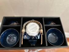 Made In Japan Tombo Dragonfly Blue Glazed Ceramic TeaPot, Cups, Plates Set  4